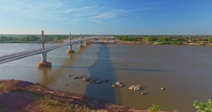 Aerial view of Spanning the Mekong River Friendship Bridge is set to become a vital tourism gateway in the Greater Mekong Subregion.The project boosts accessibility, encourages cross-border road trip
