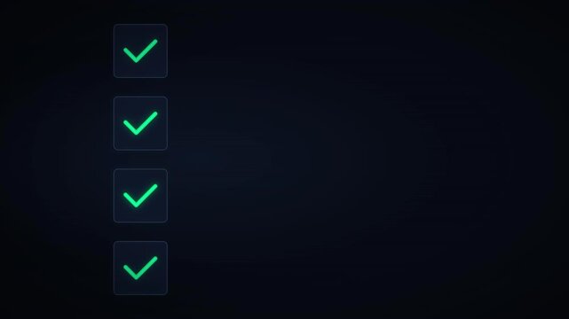 A digital interface displays three checked boxes against a dark background, suggesting completion