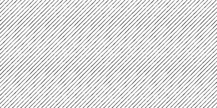 Hand drawn minimalist seamless pattern of diagonal slanted lines with thin slanted stripes, black and white striped wallpaper and modern linear vector texture.