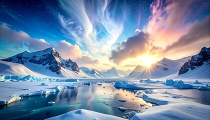 A breathtaking arctic landscape showcases snowy mountains reflecting in icy waters beneath a vibrant, swirling celestial display