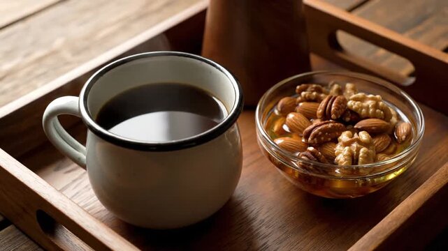 Warm coffee and bowl of honey nuts on wooden tray
