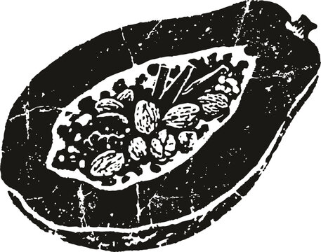 papaya fruit black and white illustration tropical exotic food with seeds inside fresh organic healthy nutrition