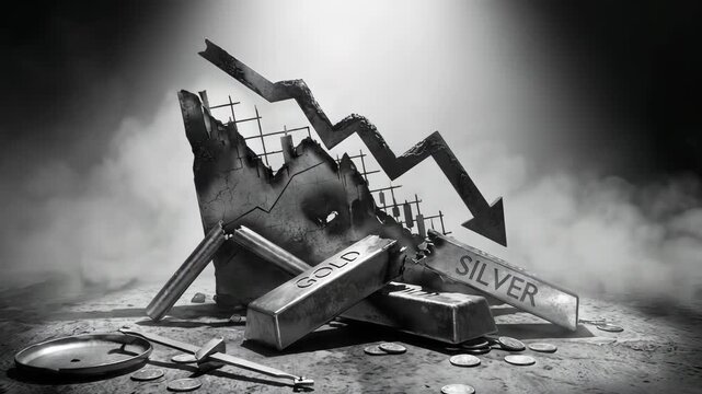 gold and silver price crash concept gold and silver price crash during market downturn gold and silver price crash with falling stock chart and precious metal bars