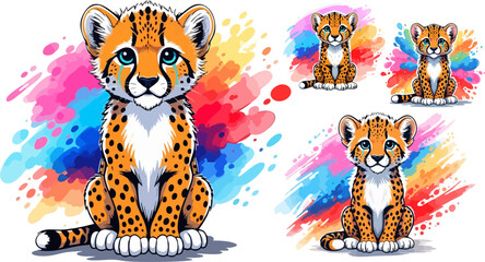 Adorable baby cheetah vector illustration set featuring a cute cub with blue eyes and spotted fur, sitting in front of vibrant watercolor paint splashes in a playful cartoon style. © Design
