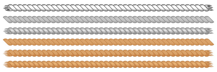 Rope string patterns, set of braid thick borders made of brush. Cowboy or sea, nautical, marine knit cords. Western decorative textured cables. Vector illustration isolated on white background. © marina_ua