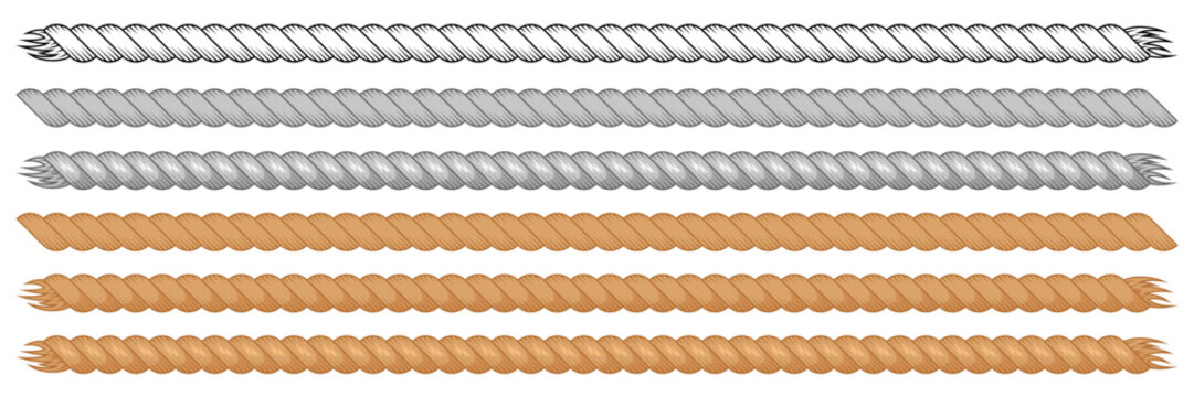 Rope string patterns, set of braid thick borders made of brush. Cowboy or sea, nautical, marine knit cords. Western decorative textured cables. Vector illustration isolated on white background.