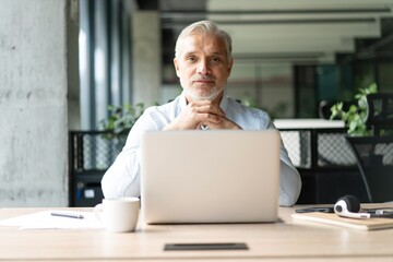 Fototapeta premium Happy mature European business man ceo trader using computer, typing, working in modern office