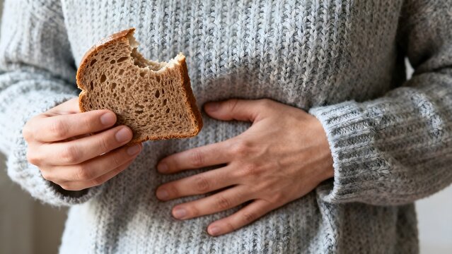 Person holding a bitten slice of bread while clutching their stomach, indicating discomfort from a potential digestive issue.