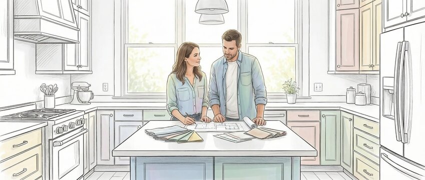 Couple planning dream interior design in modern home room imaginative kitchen cozy environment engaging viewpoint