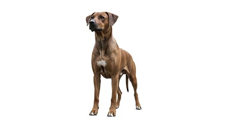 A brown dog standing on a white background, looking up.