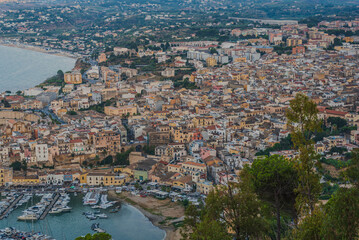 Obraz premium Panorama of Castellammare del Golfo at Sunset, Trapani, Sicily, Italy, Europe