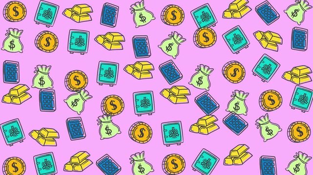 Repeating pattern of money bags, gold coins, and treasure chests. Suitable for financial, wealth, and investment concepts.