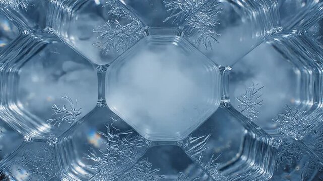 Captivating macro view of intricate ice crystals forming a beautiful geometric abstract pattern in frozen beauty