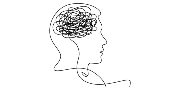 Minimalist line art illustration of a human head profile with a tangled mess of thoughts inside Vector, illustration
