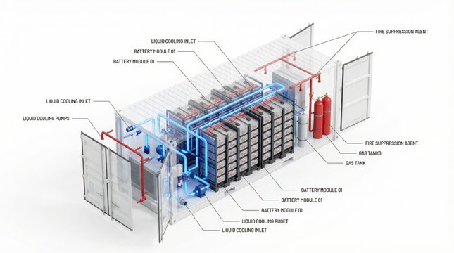 3D Technical Cutaway of Battery Energy Storage System Container Showing Internal Components and Engineering