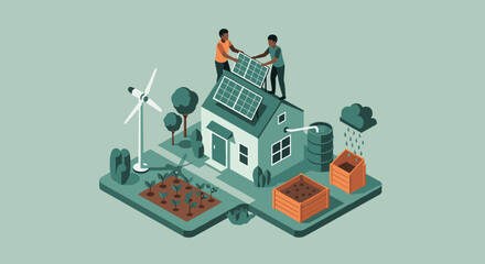 Obraz premium Isometric eco-design in a flat style. A dark-skinned couple in casual eco-friendly clothing installs a simplified solar panel on their roof. Sustainable home energy concept. 