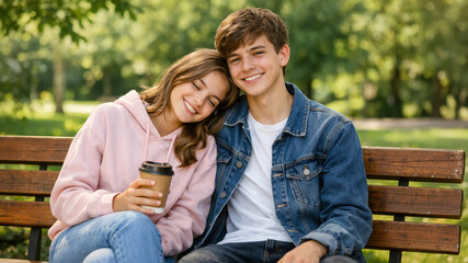 Fototapeta premium Happy teenage couple sitting on park bench with coffee in summer sunshine. Young love and friendship outdoors.