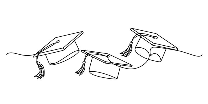Continuous line drawing of three graduation caps with tassels on a white background Vector, illustration