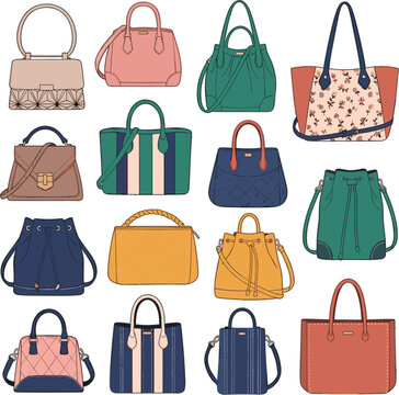 Trendy women handbags collection flat style with tote shoulder satchel and quilted purses fashion vector illustration set