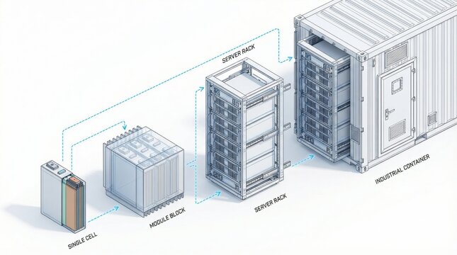 3D Technical Diagram illustrating Modular Battery Storage Hierarchy from Cell to Container Level