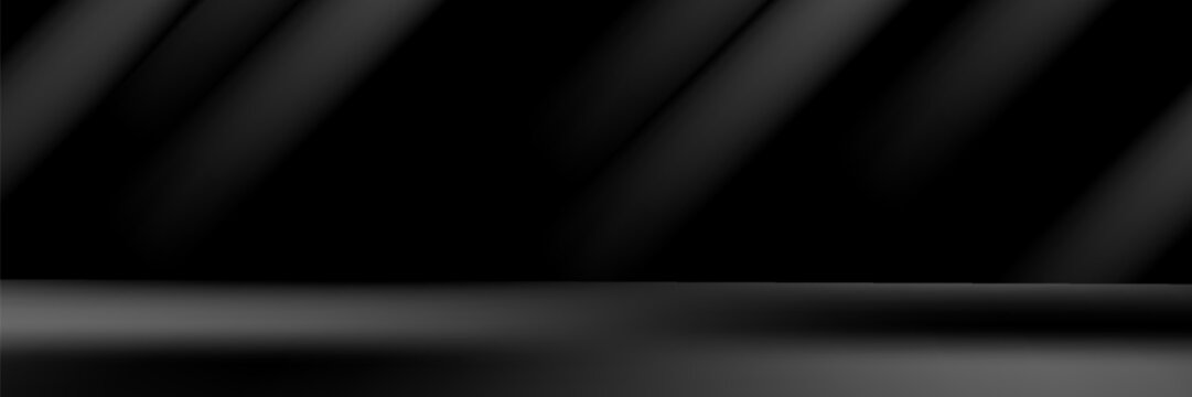 Limbo black background. Abstract dark gradient backdrop. Color wall of studio, room, stand for product display or photo. Modern banner with empty place for advertising text. Vector illustration.