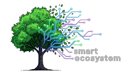 Black outline colorful art of green tree with branches turning into neon network nodes, smart ecosystem visualization