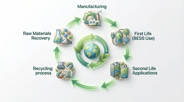 3D Circular Economy Diagram Illustrating Battery Lifecycle from Manufacturing to Recycling and Reuse