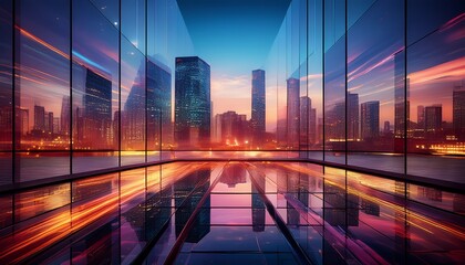 captivating cityscape view through modern geometric glass at twilight city lights blur beautifully