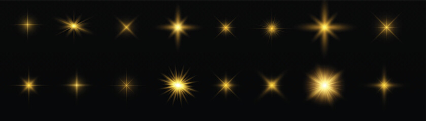 Collection of glowing yellow starburst effects on black background