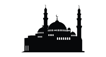 Dramatic black silhouette of a mosque with crescent moon silhouette © Lhvect02