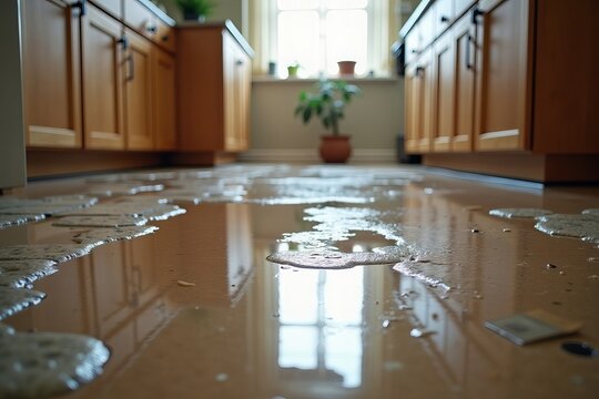 Close-up Image of Kitchen Floor Flooded by Water Leak, Revealing the Havoc Wrought by Unforeseen Disaster.