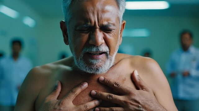 Man Clutching Chest in Distress - Healthcare Crisis, Pain, Anxiety, Medical Emergency, Urgent Care, Hospital Setting