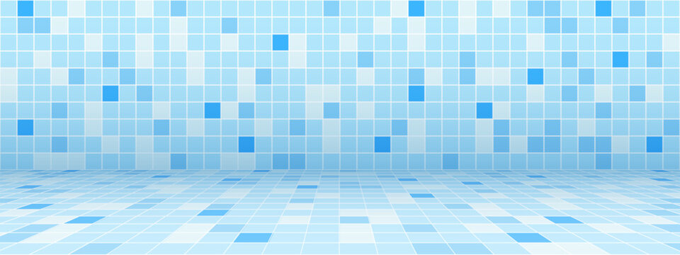 Pool tile mosaic pattern on the walls and floor. Perspective of bathroom, toilet room or swimming pool for interior or product designs. Light blue ceramic surface. Square pixel vector illustration