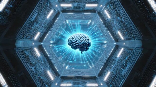 Mind's Core: An illuminated human brain, central within an futuristic hexagonal chamber, its core emits beams of light, suggesting the depths of human intelligence.
