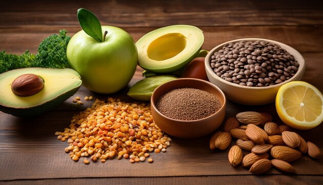 vibrant fresh ingredients like apple avocado lemon nuts chocolate and lentils arranged artfully on wood