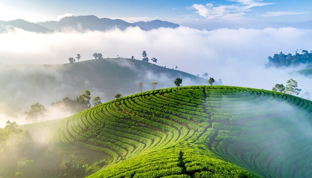 Vibrant green tea plantations gracefully blanket rolling hills, partially shrouded in ethereal morning mist, painting a serene and picturesque natural landscape scene
