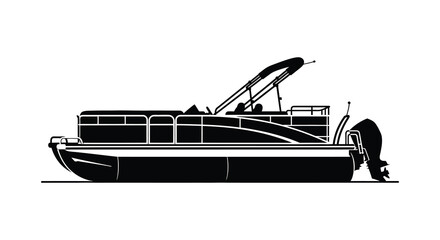 A detailed black and white illustration depicts a pontoon boat with visible seating and a motor silhouette high quality © VoDesign02