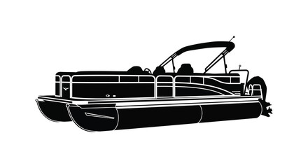 A detailed black outline depicts a pontoon boat on water showcasing its design and features silhouette high quality © VoDesign02