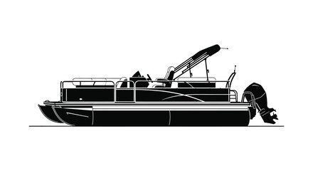A sleek black pontoon boat is depicted in profile showcasing its design and features silhouette high quality professional detailed © VoDesign02