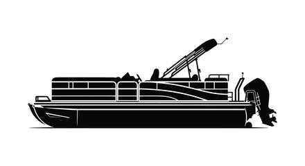 A striking black silhouette depicts a pontoon boat with a modern design and outboard motor silhouette high quality professional © VoDesign02