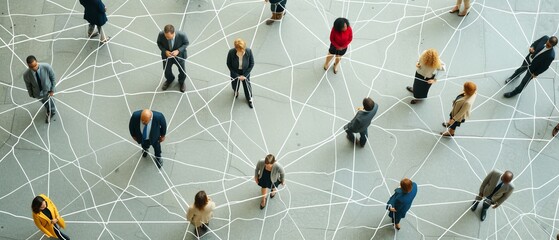 Business Network Concept Diverse Group of People Connected by Lines on Floor