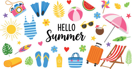 Hello Summer Beach Vacation Vector Set Featuring Tropical Leaves, Travel Suitcase, Swimwear, Sunglasses, and Coconut Drink for Seasonal Marketing and Travel Illustrations