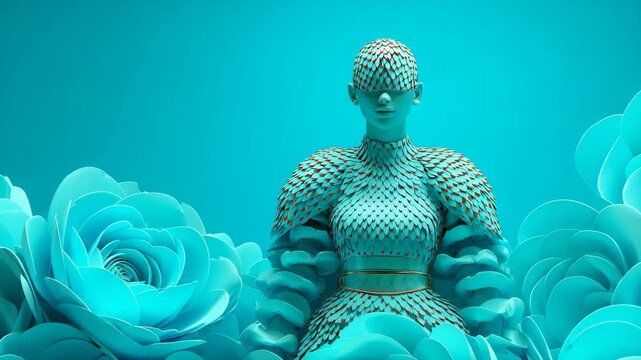 Surreal woman with scales gently shimmering futuristic fashion, blue floral background, fantasy art, creative costume, imaginative serene mood, modern style, digital illustration, large blue flowers