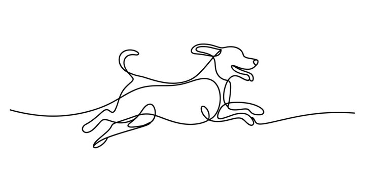 Minimalist continuous line drawing of a happy dog running and jumping with joy Vector, illustration
