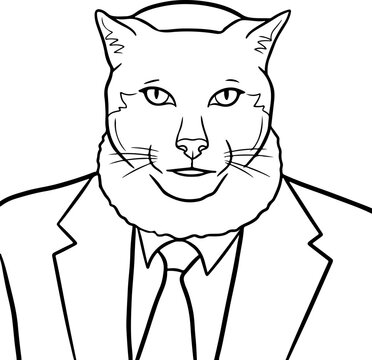 Illustration of a cat wearing a suit with good-looking facial expression