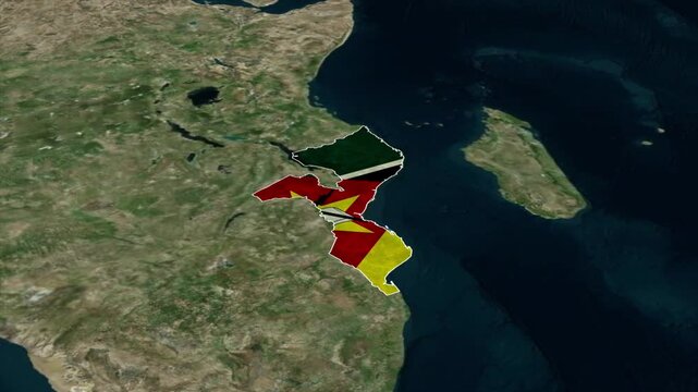 MOZAMBIQUE Map with MOZAMBIQUE Flag Inside, Realistic Country Shape Animation