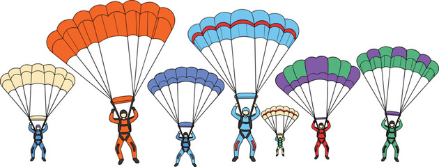 Skydiver and Paraglider Vector Collection Featuring Colorful Parachutes and Divers in Flight for Extreme Sports Branding, Adventure Travel, and Aerial Activity Designs © sojibislam