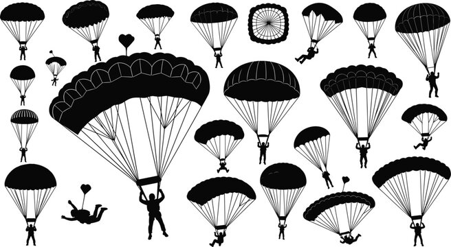 Skydiver Silhouette Vector Mega Set Featuring Parachutists, Paragliders, and Freefall Figures in Various Aerial Poses for Extreme Sports Logos and Adventure Graphic Design