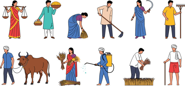 Traditional Indian Agriculture Vector Collection Featuring Farmers Harvesting, Plowing with Oxen, and Carrying Grain for Rural Development and Cultural Illustration