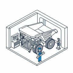 Isometric illustration of a mining dump truck in a workshop with a mechanic. © Bunga
